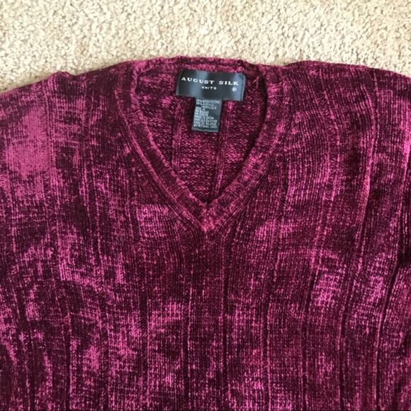 August Silk Vintage Chenille Knit Sweater Ribbed V Neck Soft Preppy Velvet Red M - Picture 5 of 11